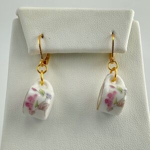 Pink Floral Ceramic Miniature Tea Mug Earrings with a Pink Flower Inside